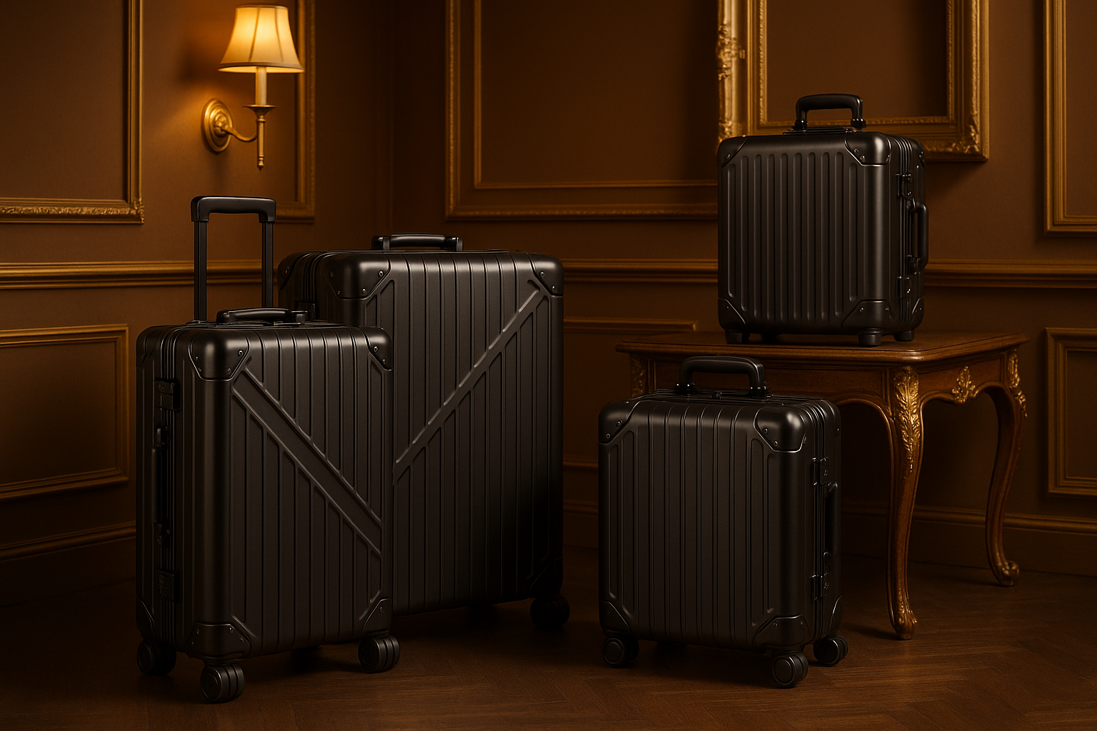 i want  aluminium luggages in black and the background bown and gold in the room